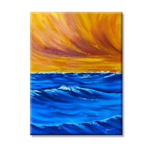 sunset on the sea, Orange sunset, sea wave, ocean at sunset, Original oil painting on canvas, Ocean painting, Seascape Art, Bedroom Wall Art