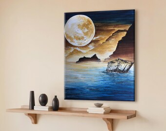 Original Moonlit Shipwreck Painting, Fantasy Ocean Art, Full Moon Seascape, Mystical Coastal Wall Decor, Original Acrylic Painting