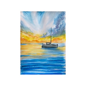 boat painting watercolor, sailboat sunset watercolor painting, boat painting, sunrise sailboat wall art, seascape wall art decor, nautical
