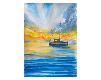 boat painting watercolor, sailboat sunset watercolor painting, boat painting, sunrise sailboat wall art, seascape wall art decor, nautical