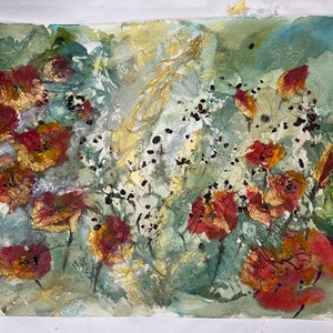 decorazioni murali con foglie, decorazioni ispirate alla natura, dipinti astratti originali, dipinti ad acquerello fiori su carta, fiori rossi, fiori dorati