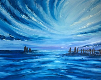 Blue Seascape Oil Painting on Canvas – Original Ocean Landscape, Modern Coastal Wall Art-Blue Horizon – Original Oil Seascape Painting