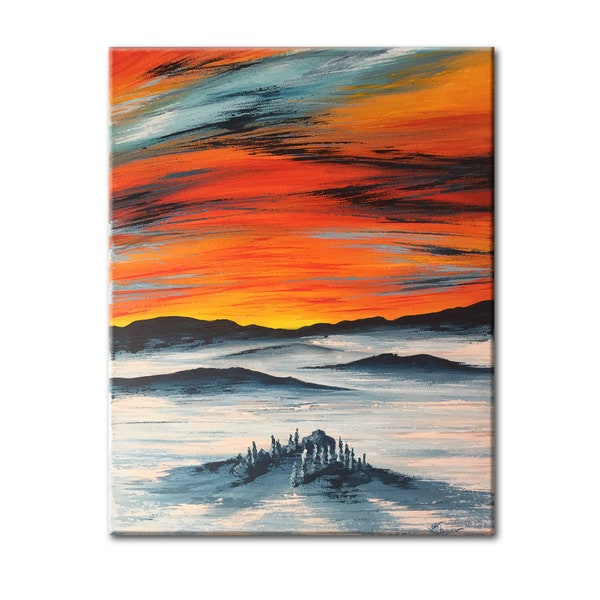 Peinture de forêt de montagne, œuvres d’art d’arbres paysage de montagne, peinture acrylique, toile d’art murale abstraite au coucher du soleil, art mural des montagnes Blue Ridge