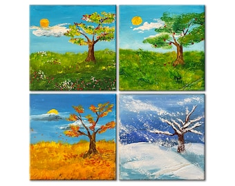 four seasons, set of 4 small square canvases Painting, tree acrylic painting, square canvas, Seasons Landscape, panorama painting original