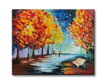 night walk acrylic painting, Original Painting On Canvas, Colorful tree, Home Decor, Modern art, Abstract Art, Bedroom Decor, rain painting