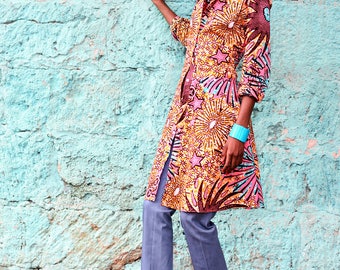 African Wax Print Shirt Dress - Fit & Flare Cotton Shirtdress
