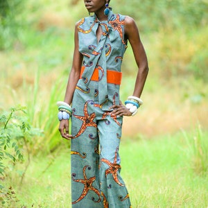 Mono con estampado de cera africana, sin mangas y pierna ancha, fabricado en EE. UU.