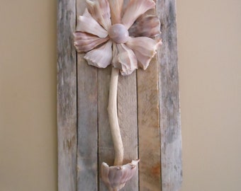 Driftwood Wall Art | Whelk Shell Flower on Driftwood | SeaShell Flower Sculpture | Rustic Coastal, Lake or Beach House | Beach Art