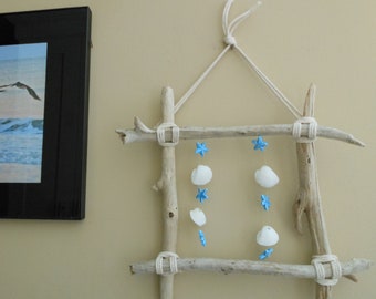 Driftwood Wall or Window Suncatcher Art-Floating Shells and Blue Starfish Beads on Driftwood Frame-Coastal Beach Cottage or Lake House Decor