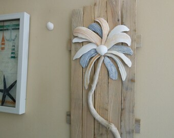 Crazy Palm Tree Beach Driftwood Wall Art Decor | Natural Hamptons NY Shells & Driftwood | Rustic Coastal | Beach Cottage | Lake House Decor