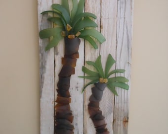 Glass Palm Trees on Driftwood | Recycled/Upcycled Glass Beach Decor | Driftwood Wall Art | Tumbled Faux Seaglass | Coastal Beach Cottage Art
