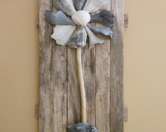 Driftwood Wall Art | Blue Gray Whelk Shell Flower on Driftwood | SeaShell Flower Sculpture | Rustic Coastal, Lake or Beach House | Beach Art