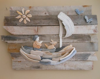 Driftwood Wall Art | Just Me, My Dog and My Sailboat... Beach Decor | Long Island NY Shells & Driftwood | Rustic Coastal Beach Cottage Art