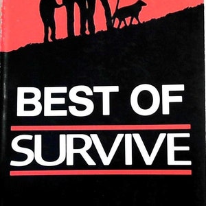 May include: A red and black book cover with the title "BEST OF SURVIVE" in white text. The cover features a silhouette of a family with a dog walking on a hill.