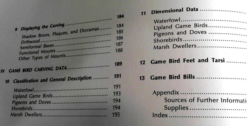 Puede incluir: Un libro en blanco y negro con el t&iacute;tulo "Game Bird Carving Data" y una tabla de contenido que enumera diferentes tipos de aves, incluyendo aves acu&aacute;ticas, aves de caza terrestres, palomas y palomas, aves playeras y aves de los pantanos.