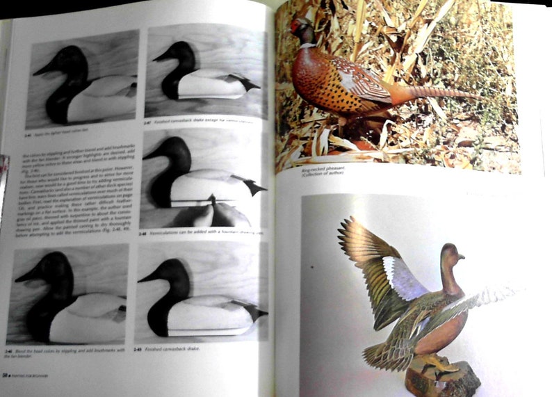 Puede incluir: Un libro con ilustraciones de patos de madera tallados y un fais&aacute;n. El libro muestra los pasos involucrados en el tallado de un se&ntilde;uelo de pato. El texto del libro dice "Forma de pato tallado terminado".