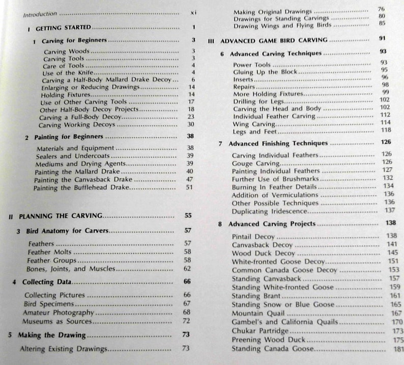 Puede incluir: Un libro titulado "Advanced Game Bird Carving" con una tabla de contenidos que enumera diferentes t&eacute;cnicas de tallado y proyectos. El libro abarca temas como el tallado de plumas individuales, la pintura y la creaci&oacute;n de se&ntilde;uelos de varias aves, incluyendo el pato rabudo, el pato de lomo negro, el pato de madera y el ganso canadiense.