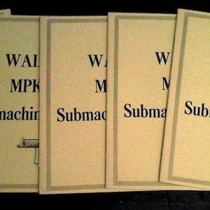 May include: A set of six vintage book covers for a guide on the Walther MPK and MPL submachine guns. The covers are beige with black text and illustrations of the guns.