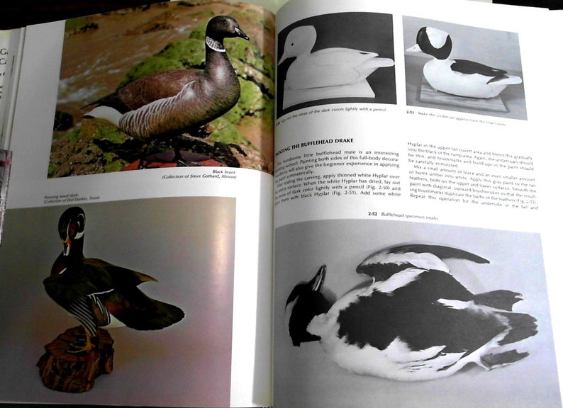 Puede incluir: Un libro sobre la talla de se&ntilde;uelos, que presenta un se&ntilde;uelo de pato negro con un pecho blanco y un se&ntilde;uelo de pato cabeza de b&uacute;falo con un patr&oacute;n blanco y negro. El texto de la p&aacute;gina describe el proceso de talla de un se&ntilde;uelo de pato cabeza de b&uacute;falo.