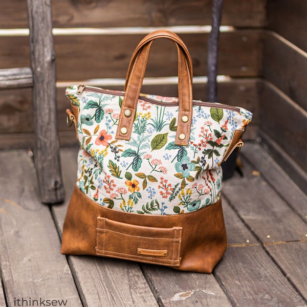 Eman Tote Bag PDF Sewing Pattern - shoulder bag, cross bag, leather patch, easy sewing pattern