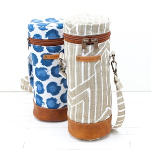 Pode incluir: Dois porta-garrafas isolados com alças ajustáveis. Um porta-garrafas é branco com listras marrons e o outro é branco com estampa de leopardo azul. Ambos os porta-garrafas têm detalhes em couro marrom e o texto "HANDMADE" em uma etiqueta marrom.