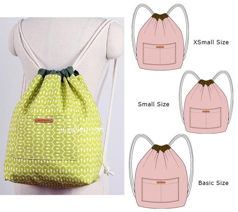 Bright green geometric print handmade drawstring backpack on a mannequin, alongside three pink illustrations showing XSmall, Small, and Basic sizing options for the Lionel bag sewing pattern.
