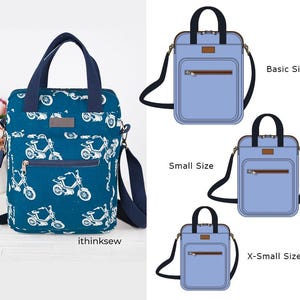 Puede incluir: Un bolso tote de color verde azulado con un estampado de scooter blanco, un asa superior y una correa para el hombro. La imagen también muestra tres bolsos tipo mensajero azules en diferentes tamaños: Basic, Small y X-Small. El texto "ithinksew" es visible.