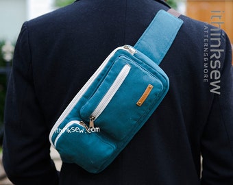 May include: A teal blue fanny pack with a white zipper and white trim. The fanny pack has a brown leather label that says "Handmade".