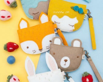 4 Kinds of Felt Coin Purse PDF Sewing Pattern | Animal Zip Pouch Template | DIY Fox Bear Bunny Wallet