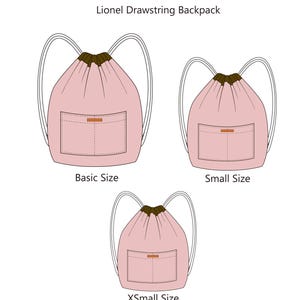 May include: A technical illustration of the Lionel Drawstring Backpack in three sizes: Basic Size, Small Size, and XSmall Size. Each light pink bag features a dark brown drawstring top, two shoulder straps, and a front pocket with a small orange tab.