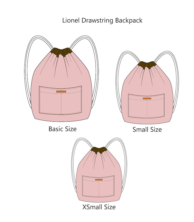 May include: A technical illustration of the Lionel Drawstring Backpack in three sizes: Basic Size, Small Size, and XSmall Size. Each light pink bag features a dark brown drawstring top, two shoulder straps, and a front pocket with a small orange tab.