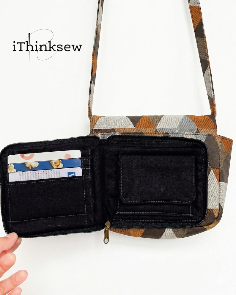 May include: Open, geometric-patterned wallet with a matching crossbody bag. The wallet is black inside with card slots and a small pocket. The exterior features a brown, orange, and gray triangle design. The brand name "iThinksew" is in the upper left corner.