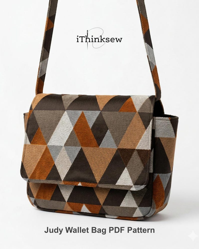 May include: A geometric patterned crossbody bag in shades of brown, tan, and gray. The bag features a flap closure and a side pocket. The strap and the bag's body have the same geometric pattern. The text "iThinksew" is visible on the top of the bag.
