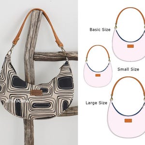 May include: A black and white patterned crescent-shaped handbag with a brown leather strap. The image shows three different sizes of the bag: basic, small, and large.