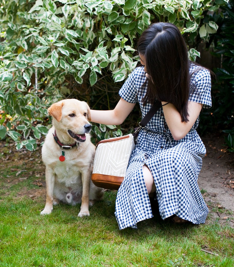 May include: A woman in a blue and white gingham dress sits on the grass with a dog. She is holding a brown and white patterned bag. The dog is a light brown labrador retriever.
