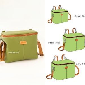 May include: A green leather bag with brown trim and straps. The bag has a rectangular shape with a zip closure and a small, rectangular tag that says "Handmade". The image also shows illustrations of the bag in small, basic, and large sizes.