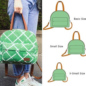 May include: Green backpack with a white geometric design, brown leather handles, and a front pocket. The image also shows illustrations of the same backpack in different sizes: Basic, Small, and X-Small. The backpack is being held by a person.