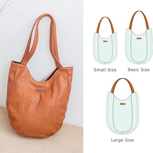 May include: A brown leather tote bag with a curved top and two handles. The bag is shown next to a diagram of the bag in three sizes: small, basic, and large.