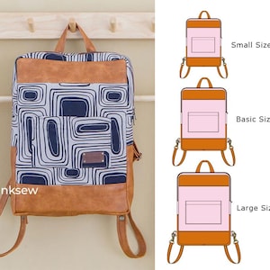 May include: A navy and white patterned backpack with brown faux-leather details. It features adjustable straps and a top handle. The image also displays three size options: small, basic, and large.