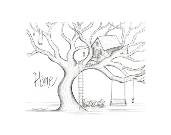 Home Is A Treehouse Treehouse Art Tree Wall Art Pencil Sketch Art