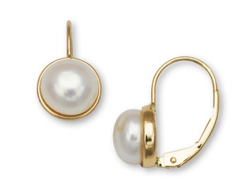 Modern 14K Solid Gold Genuine Pearls Dangle Earrings with Leverback - Yellow and White Gold - Pearl Drop Earrings - SOLD BY PAIRS