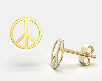 Classic Peace Sign Stud Earrings - Push Back Closure - 14k Solid Gold - Hippie Boho Stud Earrings - Symbol Earrings - SOLD BY PAIRS