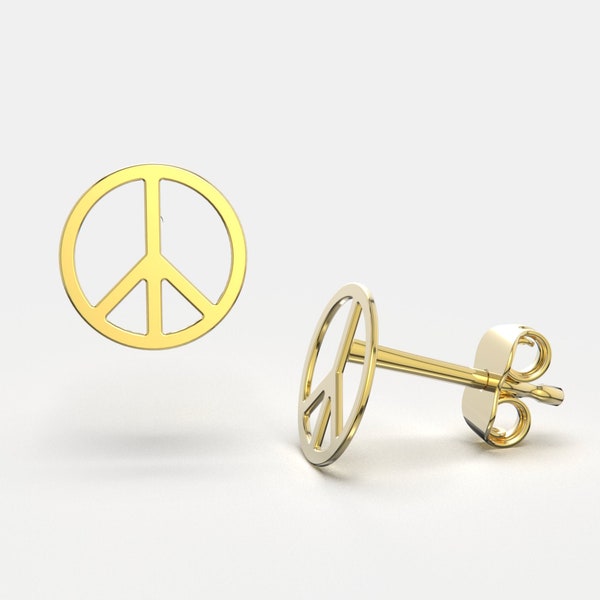 Classic Peace Sign Stud Earrings - Push Back Closure - 14k Solid Gold - Hippie Boho Stud Earrings - Symbol Earrings - SOLD BY PAIRS