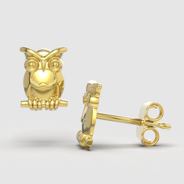 Whimsical Solid 14K Yellow Gold Owl Stud Earrings - Owl Earrings - Bird Stud Earrings - Kid's Animal Earrings - Small Studs - SOLD BY PAIRS