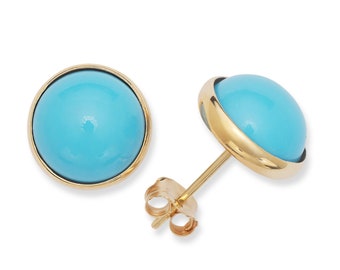 Stylish 14K Solid Gold Round Turquoise Bezel Stud Earrings with Pushback closure - Sleeping Beauty Turquoise Earrings - SOLD BY PAIRS