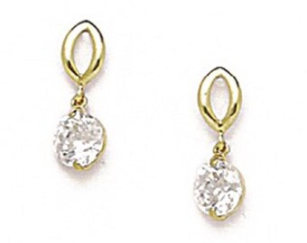 Delicate Cubic Zirconia Drop Earrings, Round-Cut Stones, Screwback Posts, Solid 14K Yellow or White Gold - SOLD BY PAIRS