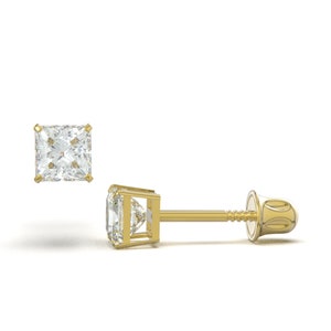 Classic Solid 14K Gold Solitaire Princess Cut Cubic Zirconia Stud ...