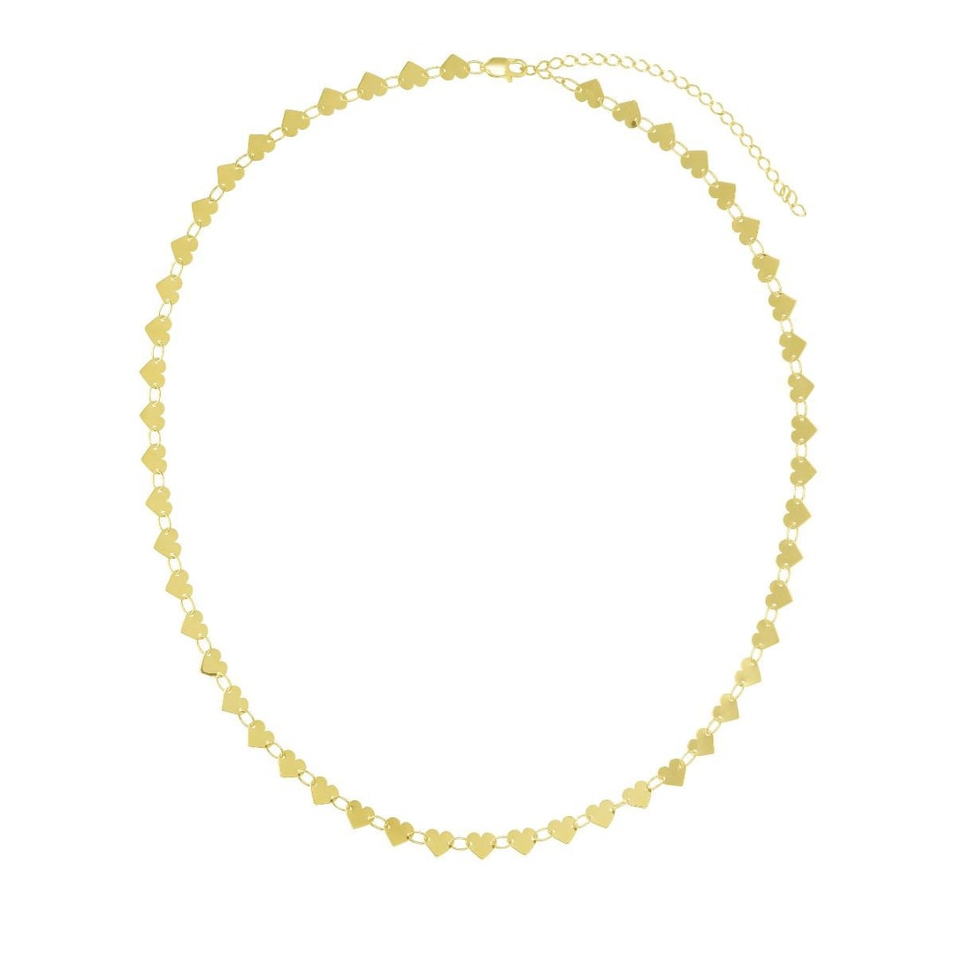 14K Yellow Gold Mirrored Chain Heart Strand Necklace With Lobster Clasp