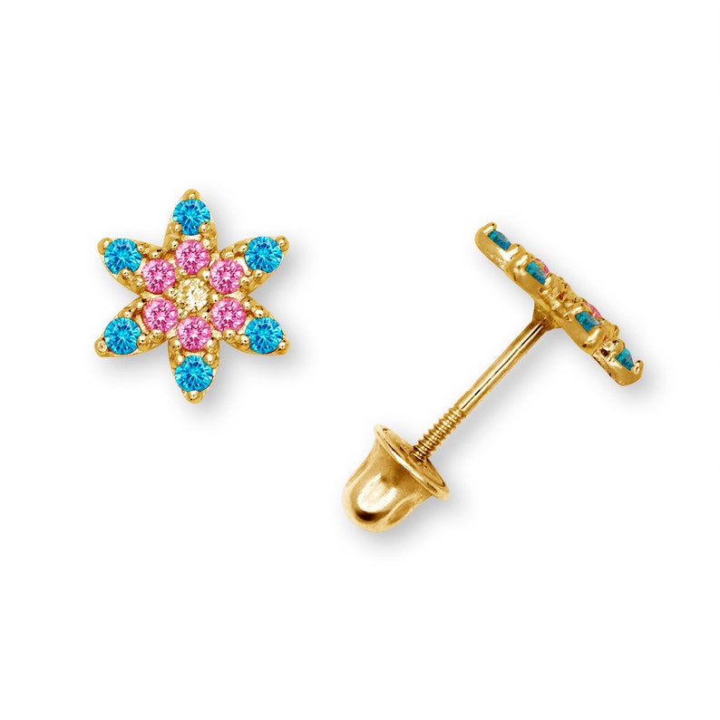 Elaborate 14K Flower Stud Earrings with Screwback and Cubic Zirconia Yellow and White Gold