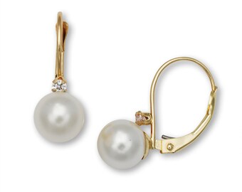 Classy 14K Genuine Pearls Dangle Earrings with Leverback - Yellow Gold - SOLD BY PAIRS